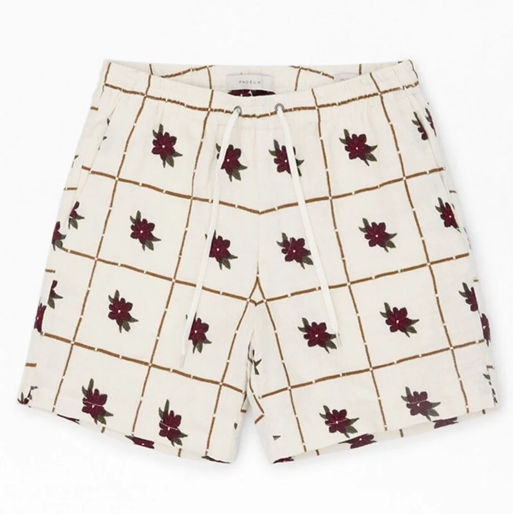 Pacsun Men's Floral Linen Shorts Embroidered Casual Elastic Waist M